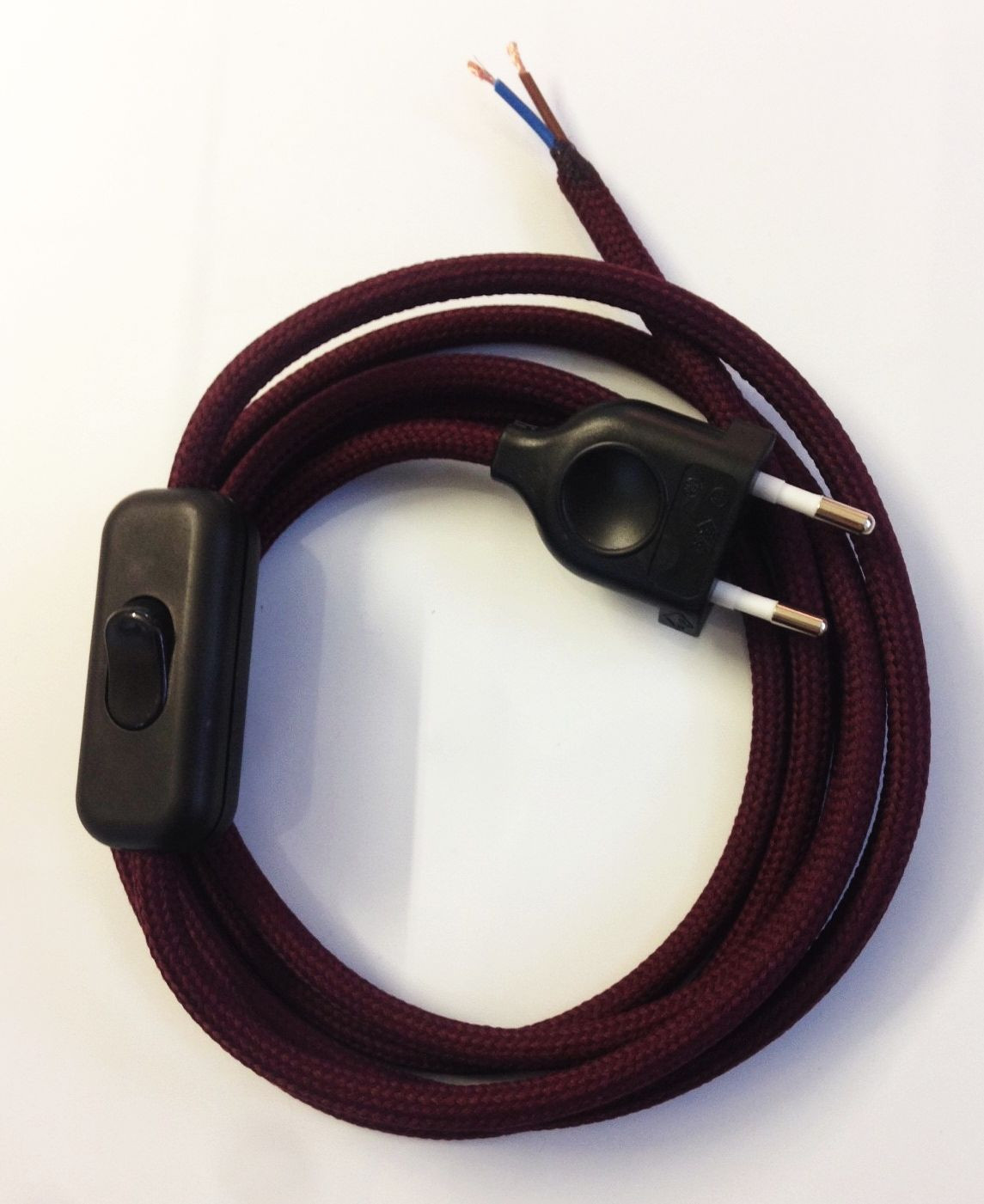 Assembled Supply Cord with Plug and Inline Cord Switch Wine Red 2 Core 