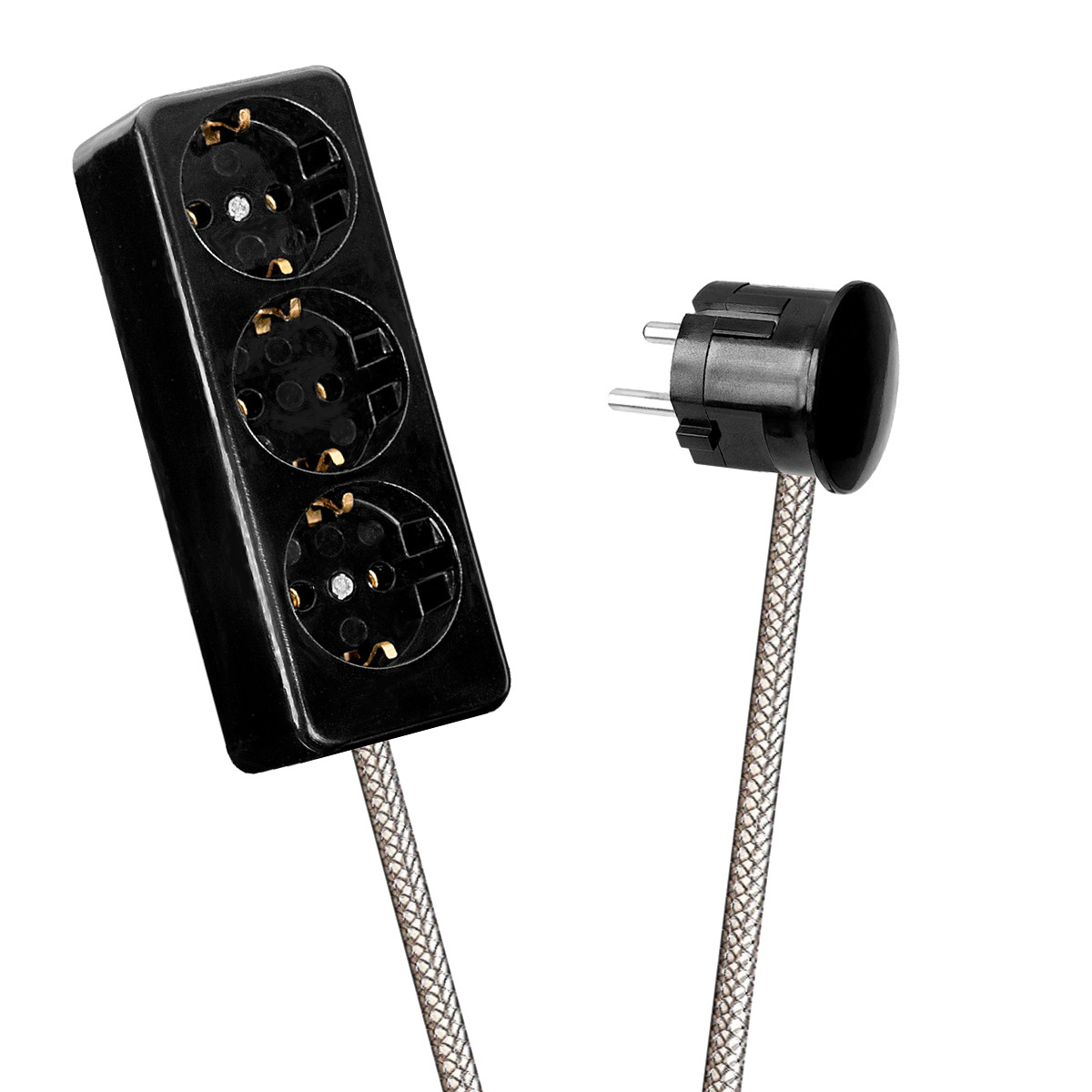 Black 3-Way Socket Outlet Silver Grey Netlike