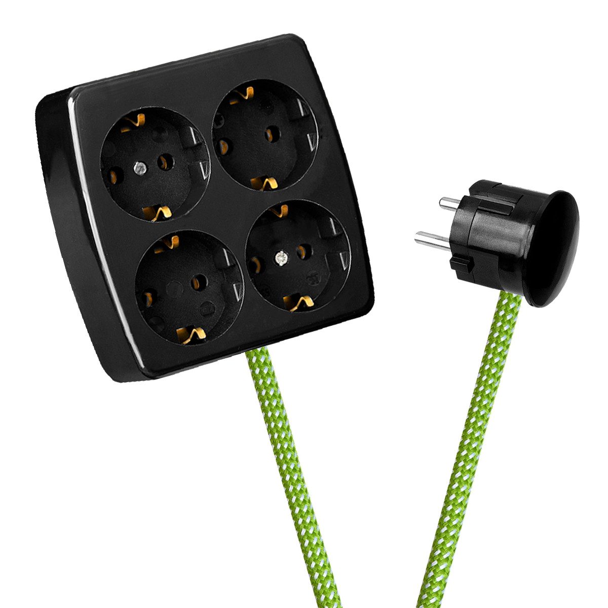 Black 4-Way Socket Outlet Green-White Spots