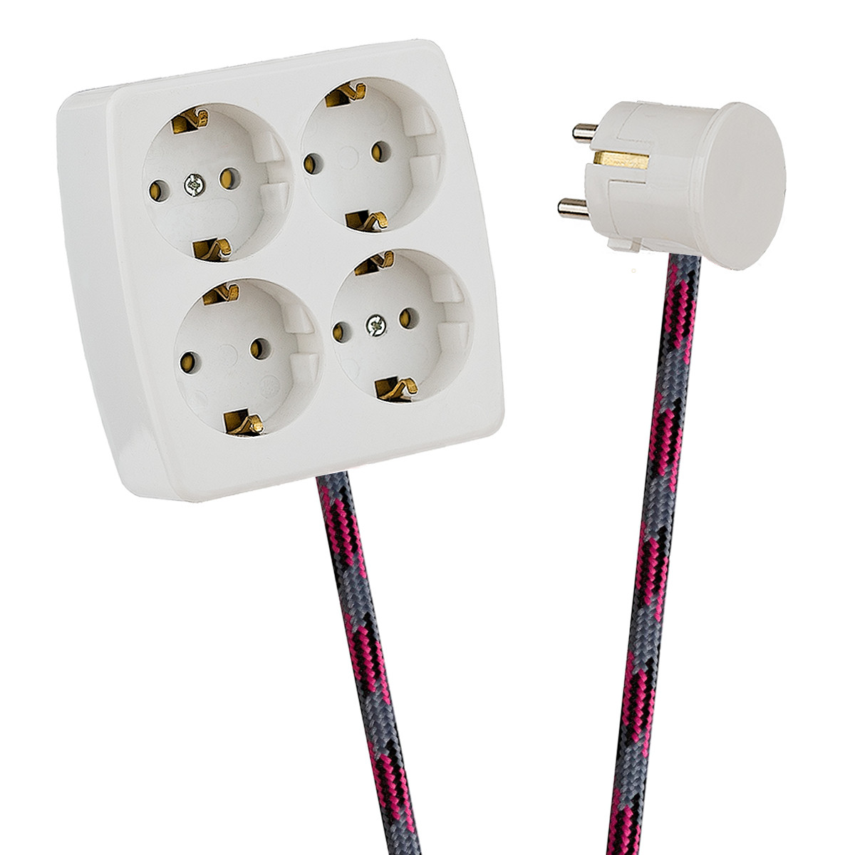 White 4-Way Socket Outlet Grey-Black-Cerise