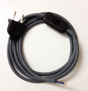 Assembled Supply Cord with Plug and Inline Cord Switch Dark Grey 2 Core 2m