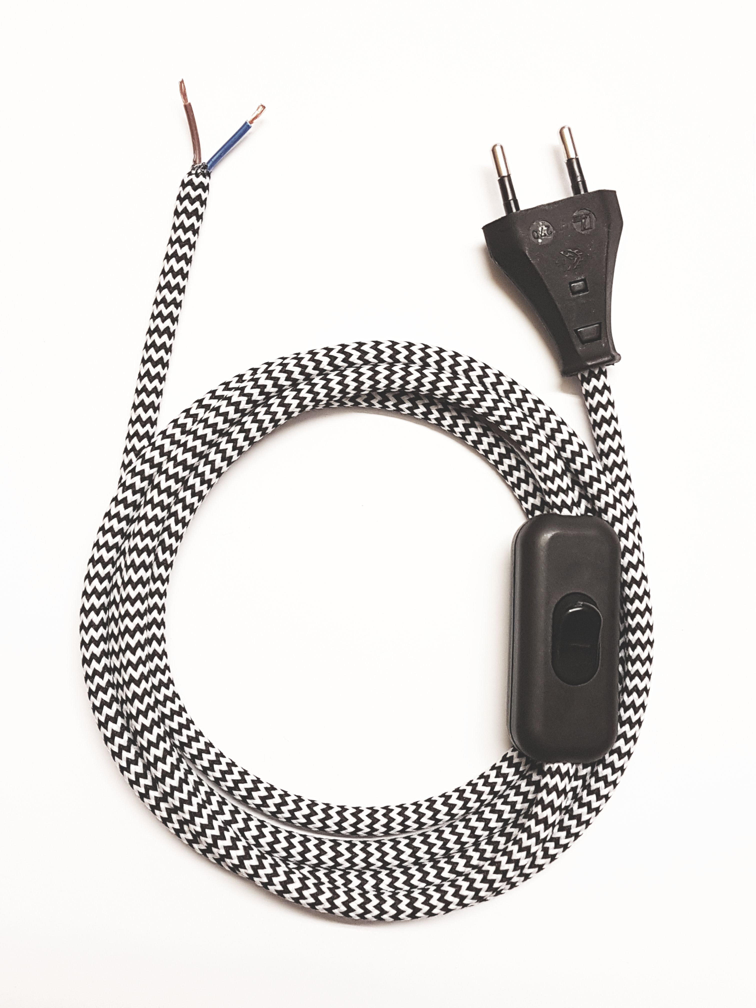 Assembled Supply Cord with Plug and Inline Cord Switch Black-White Zig Zag 2 Core
