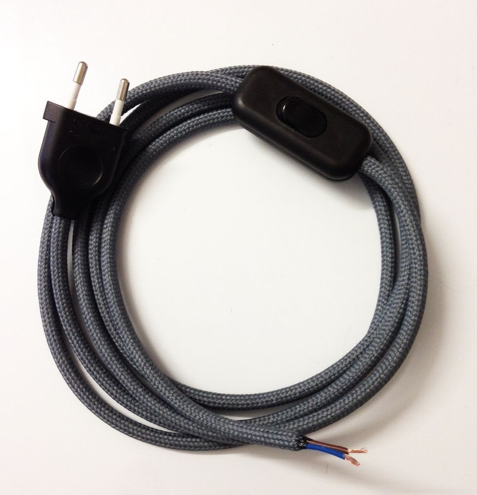 Assembled Supply Cord with Plug and Inline Cord Switch Dark Grey 2 Core 3m