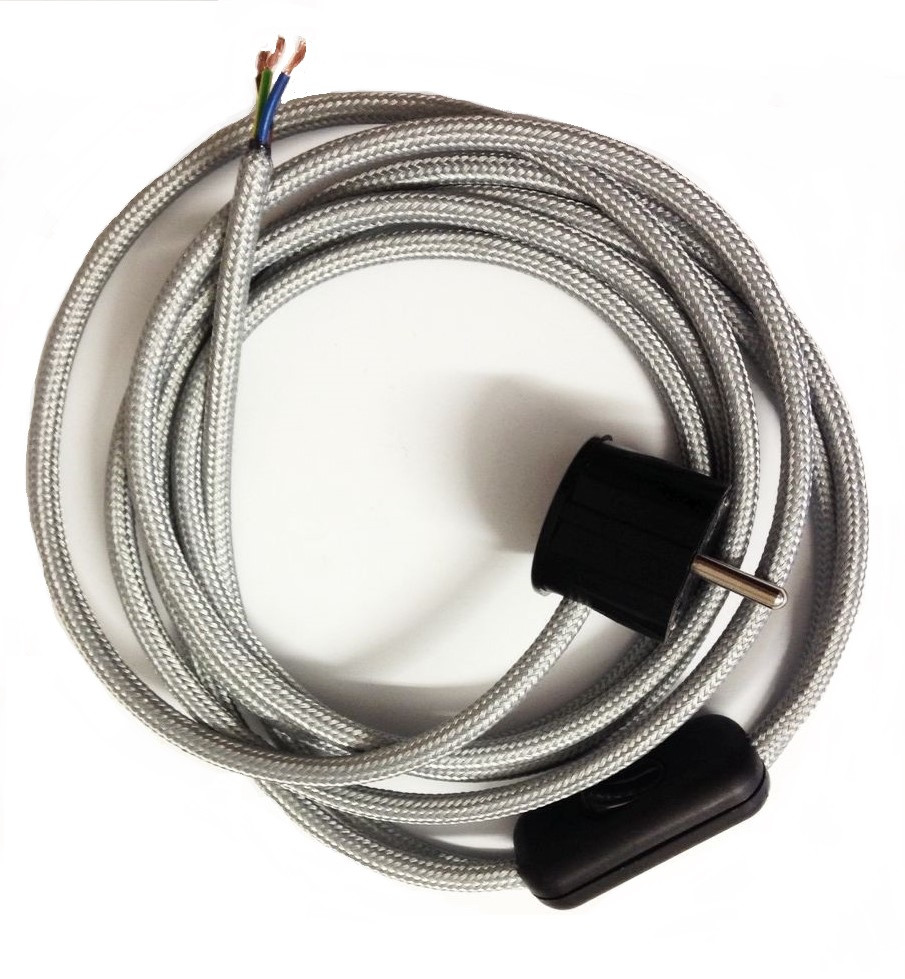 Assembled Supply Cord with Schuko Plug and Inline Cord Switch Silver 3 Core