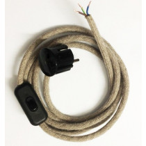 Assembled Supply Cord with Schuko Plug and Inline Cord Switch Linen 3 Core 3m