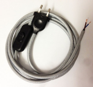 Assembled Supply Cord with Plug and Inline Cord Switch Silver 2 Core 3m