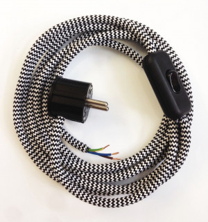 Assembled Supply Cord with Plug and Inline Cord Switch Black-White Zig Zag 3 Core